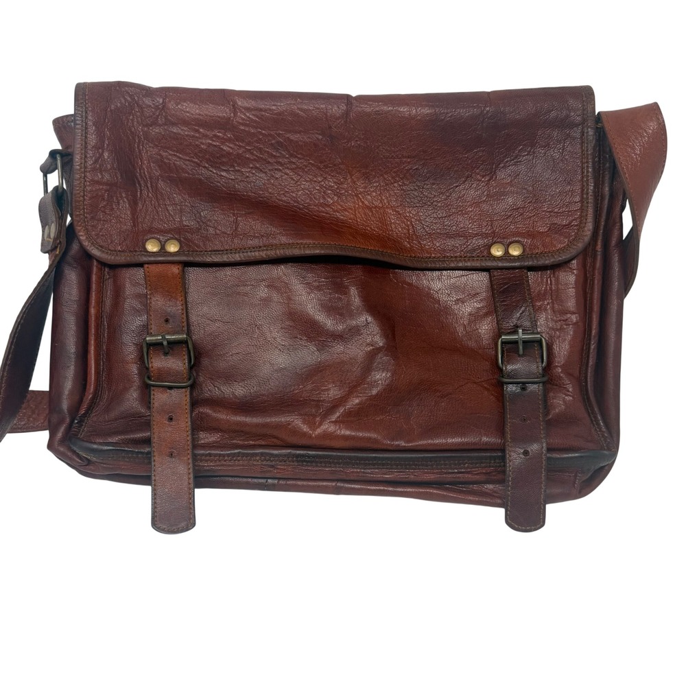 Vintage Brown Leather Messenger Bag Satchel Crossbody Laptop Bag Brass Buckles